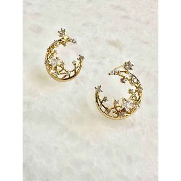 Gold color celestial crescent moon dangle earrings with helix zirconia stars - Picture 1 of 5